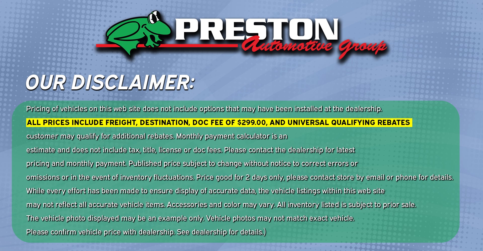 Our Disclaimer at Preston Ford Commercial Vehicle Center in Hurlock MD